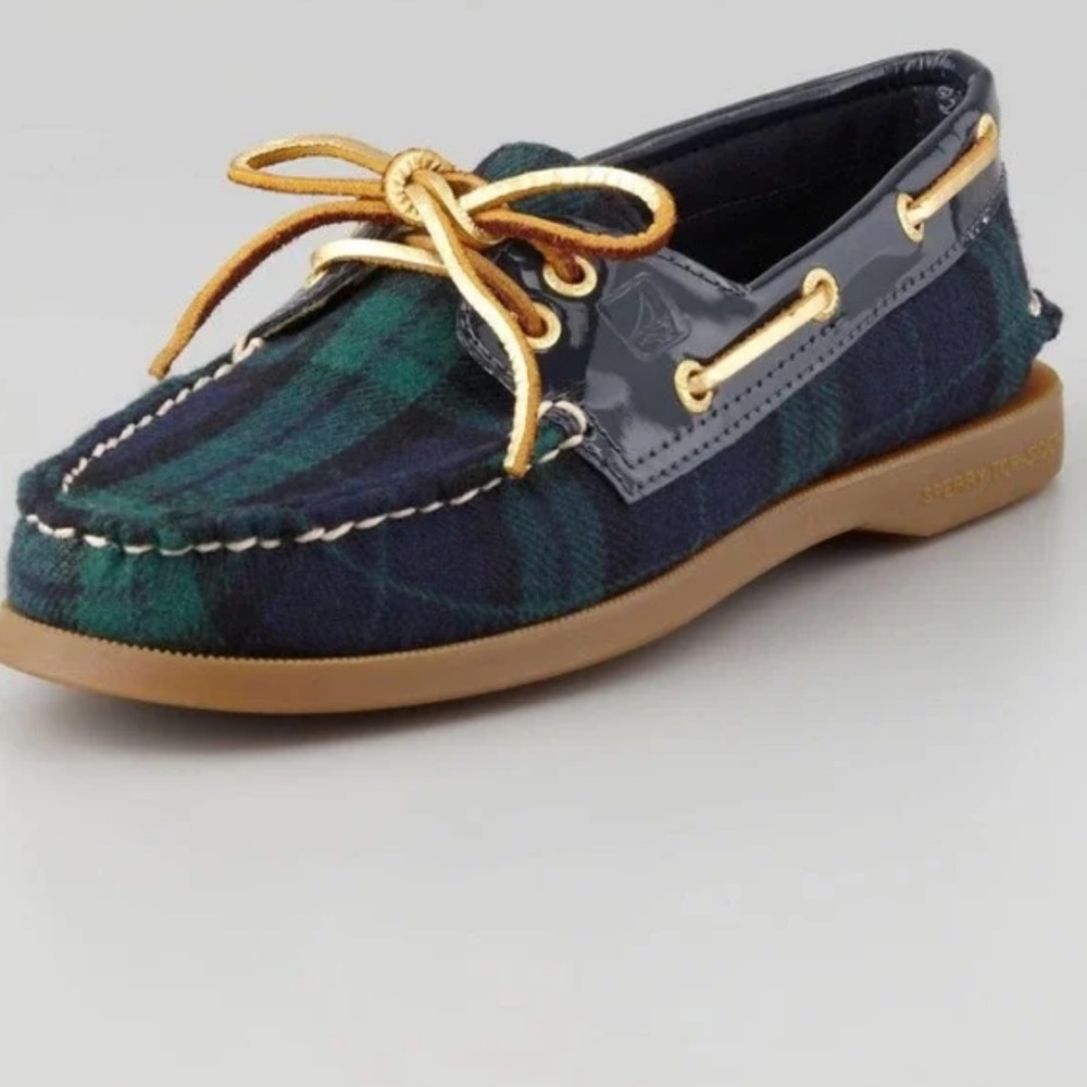Sperry Green and Navy Plaid Leather-Trim Moccasins